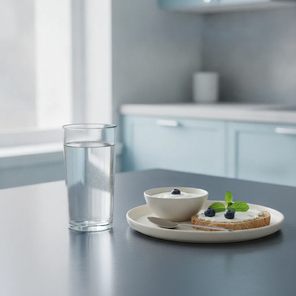 A glass of water beside a light breakfast on a bright kitchen table with morning sunlight