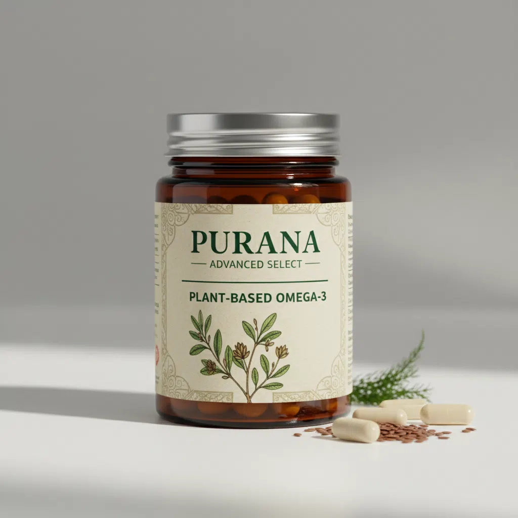 Purana Advanced Select amber glass supplement jar with black lid and label